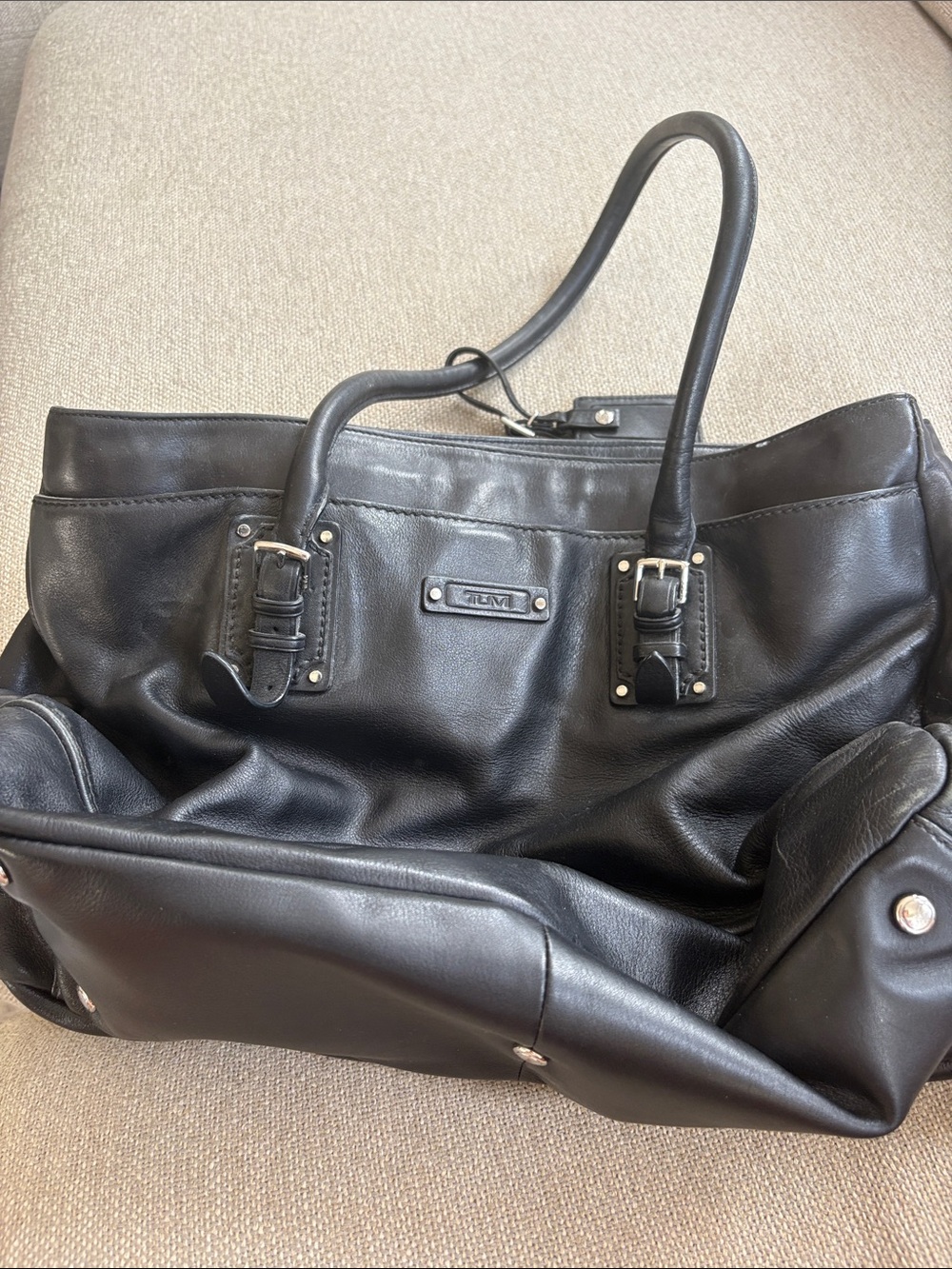 Tumi Black Leather Structured Tote with Buckle Accents